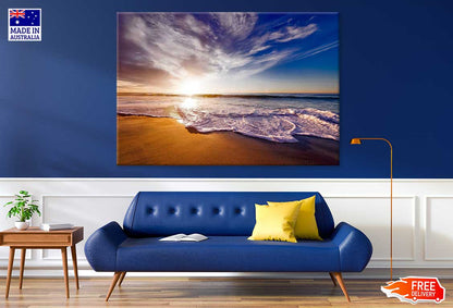 Sea Waves on Sand Sunset Blue Sky View Photograph Print 100% Australian Made