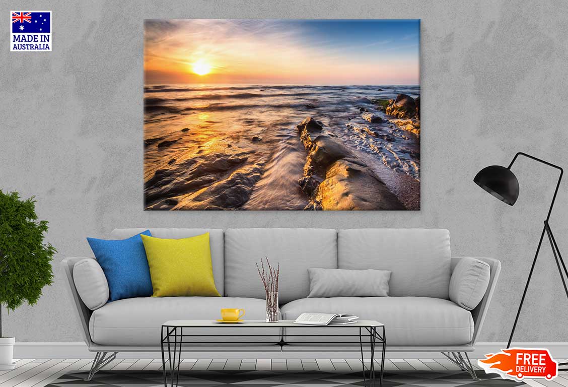 Sea with Rocks Sunset Scenery Photograph Print 100% Australian Made