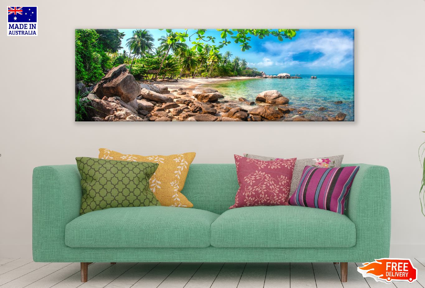 Panoramic Canvas Rocky Beach in Koh Tao View Photograph High Quality 100% Australian Made Wall Canvas Print Ready to Hang