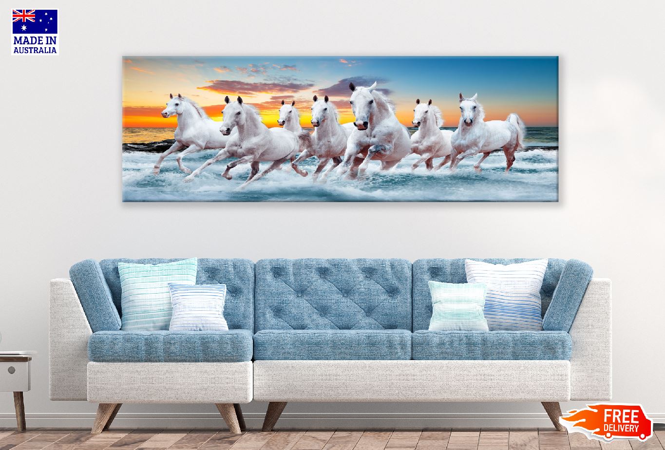 Panoramic Canvas Horses Running on Sea Sunset Scenery View High Quality 100% Australian Made Wall Canvas Print Ready to Hang