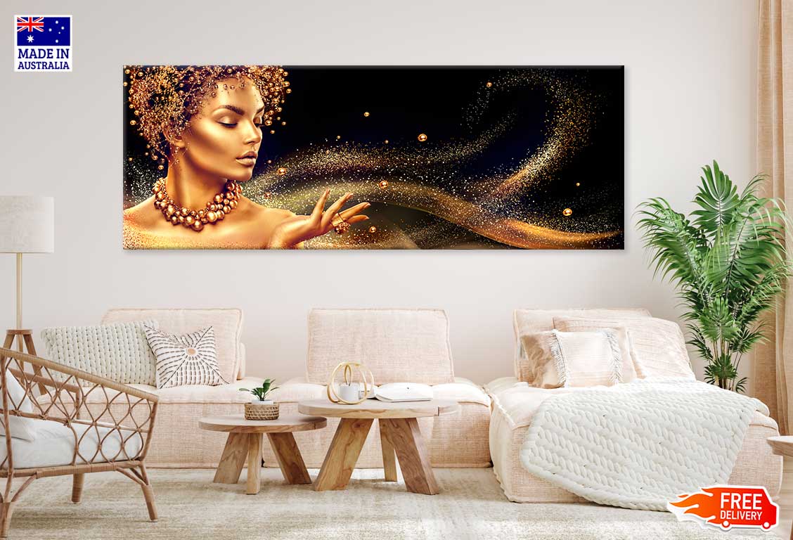 Panoramic Canvas Golden Makeup Girl High Quality 100% Australian Made Wall Canvas Print Ready to Hang