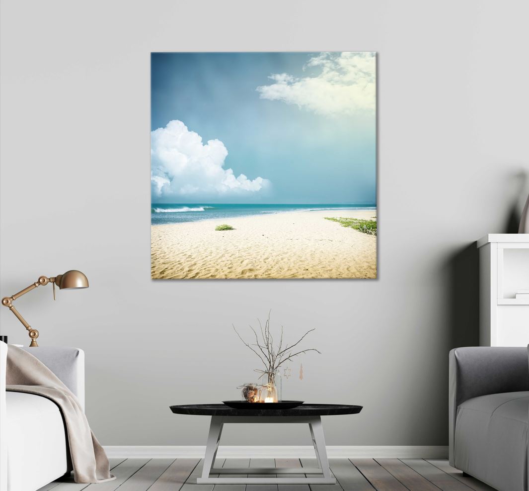 Square Canvas Sandy Beach & Cloudy Blue Sky View Photograph High Quality Print 100% Australian Made