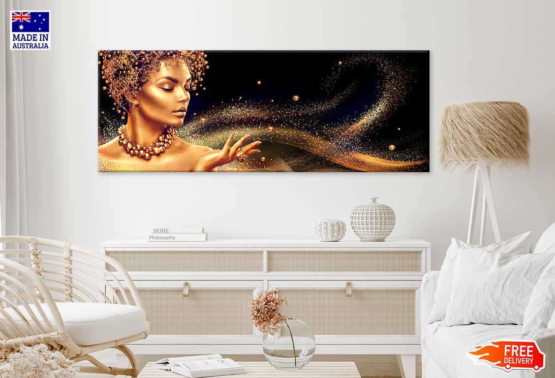 Panoramic Canvas Golden Makeup Girl High Quality 100% Australian Made Wall Canvas Print Ready to Hang