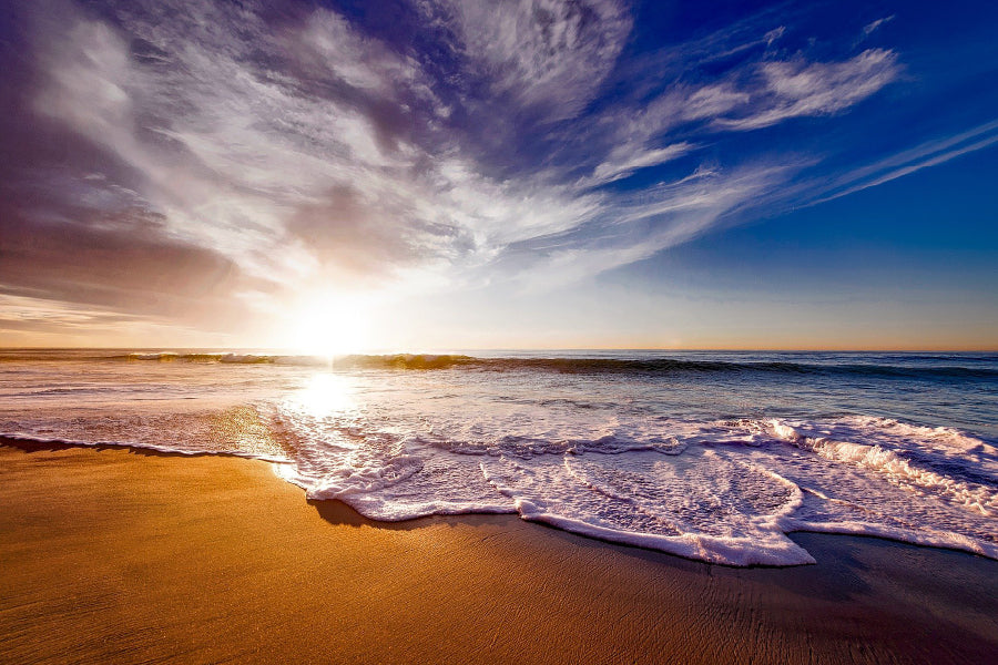Sea Waves on Sand Sunset Blue Sky View Photograph Print 100% Australian Made