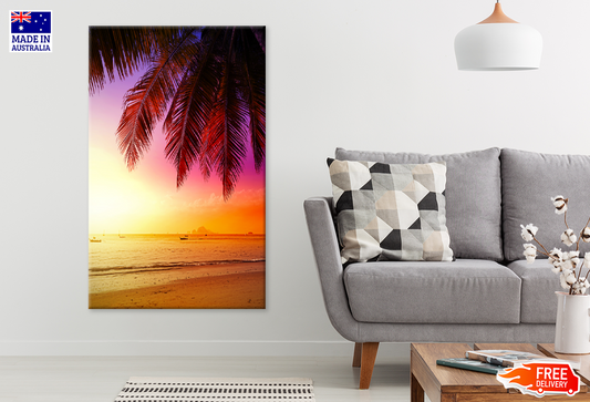 Palm Tree & Boat On Sea Sunset Scenery View Print 100% Australian Made