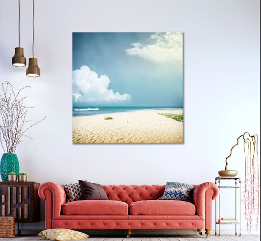 Square Canvas Sandy Beach & Cloudy Blue Sky View Photograph High Quality Print 100% Australian Made