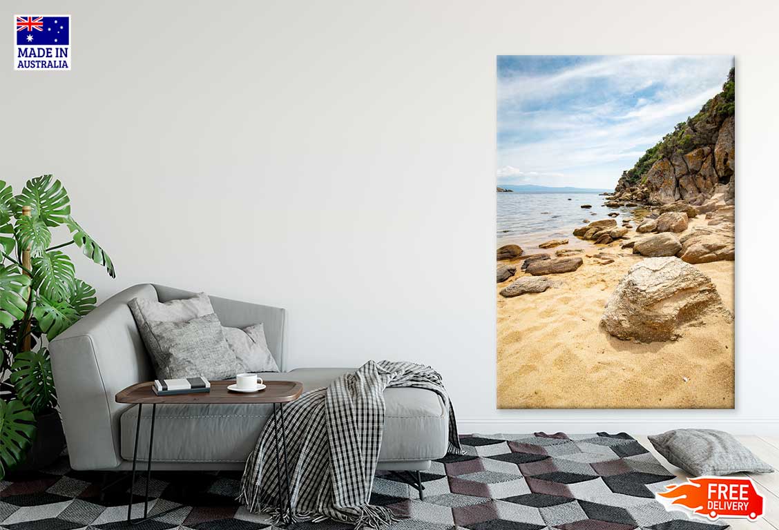 Rocks near Seashore Cloudy Sky View Scenery Print 100% Australian Made