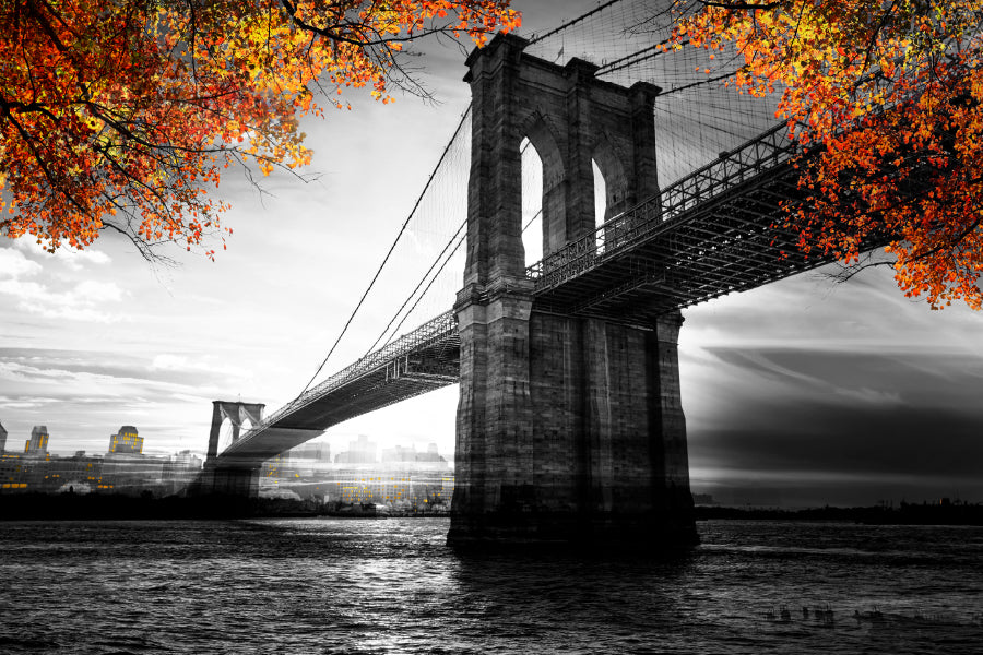 B&W Bridge & Autumn Tree View Photograph Home Decor Premium Quality Poster Print Choose Your Sizes