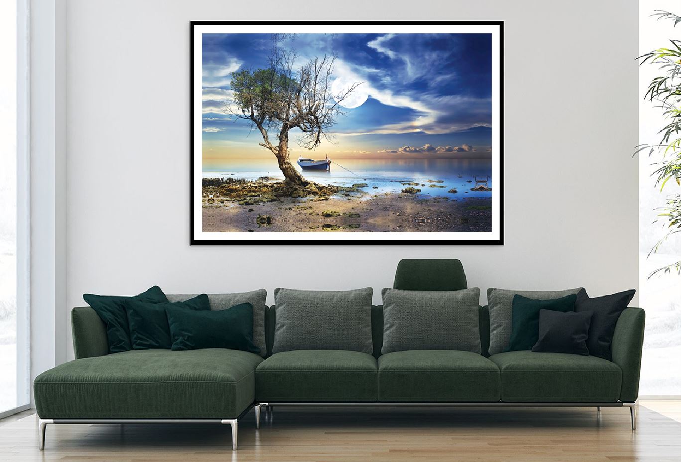 Dead Tree Near Seashore with Boat Photograph Home Decor Premium Quality Poster Print Choose Your Sizes