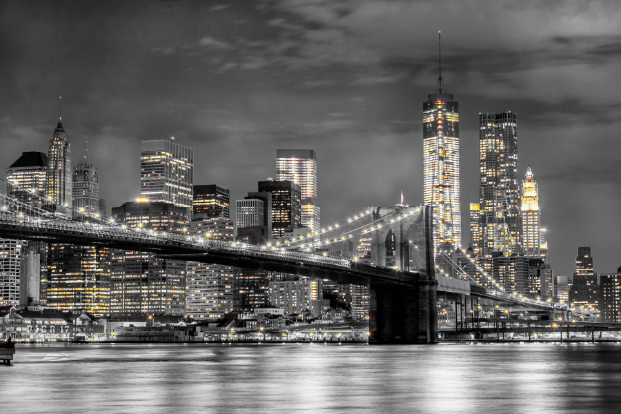 Bella Home B&W Night City View With Bridge Print Canvas Ready to hang