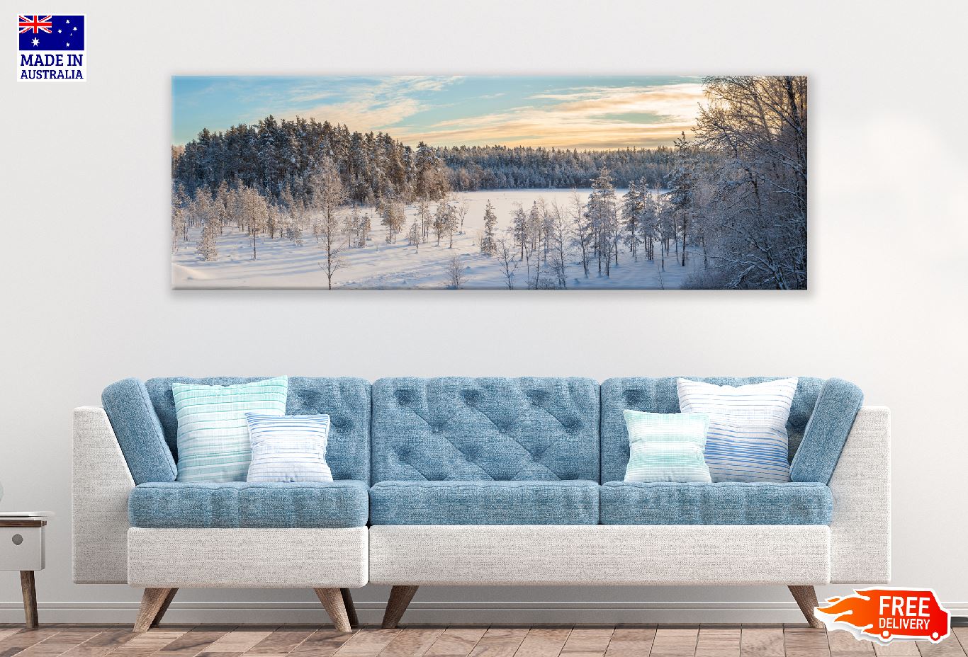 Panoramic Canvas Snowy Forest Trees Sunset View Photograph High Quality 100% Australian Made Wall Canvas Print Ready to Hang