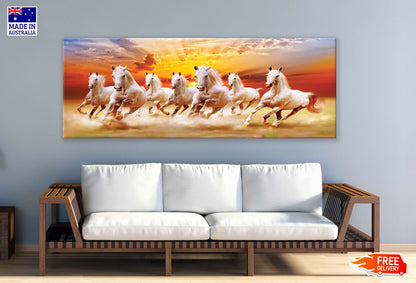 Panoramic Canvas Running Horses & Sunset Sky View High Quality 100% Australian Made Wall Canvas Print Ready to Hang