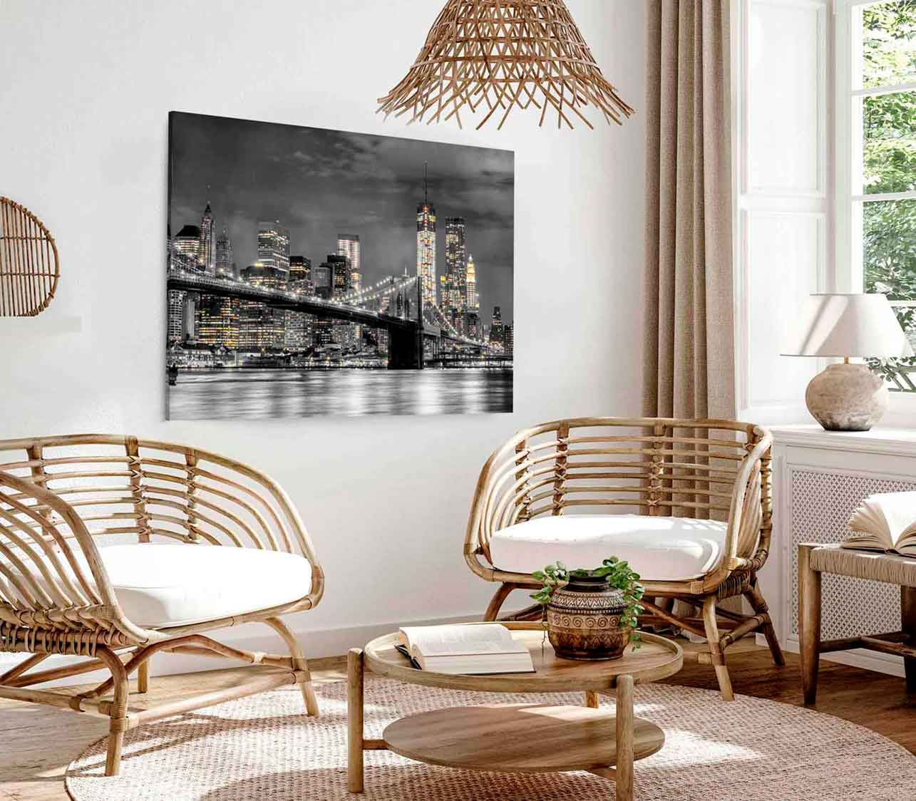Bella Home B&W Night City View With Bridge Print Canvas Ready to hang