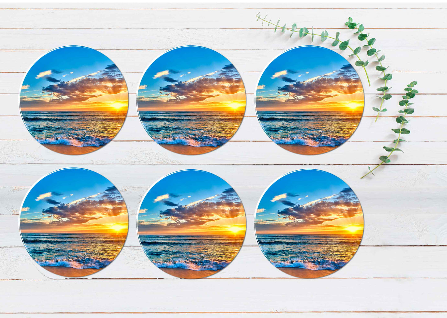 Sunset Beach View Coasters Wood & Rubber - Set of 6 Coasters