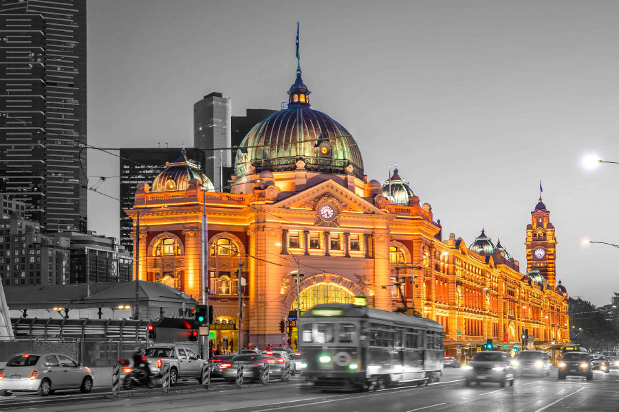 Flinders Street in Melbourne B&W View Photograph Home Decor Premium Quality Poster Print Choose Your Sizes