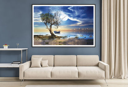 Dead Tree Near Seashore with Boat Photograph Home Decor Premium Quality Poster Print Choose Your Sizes