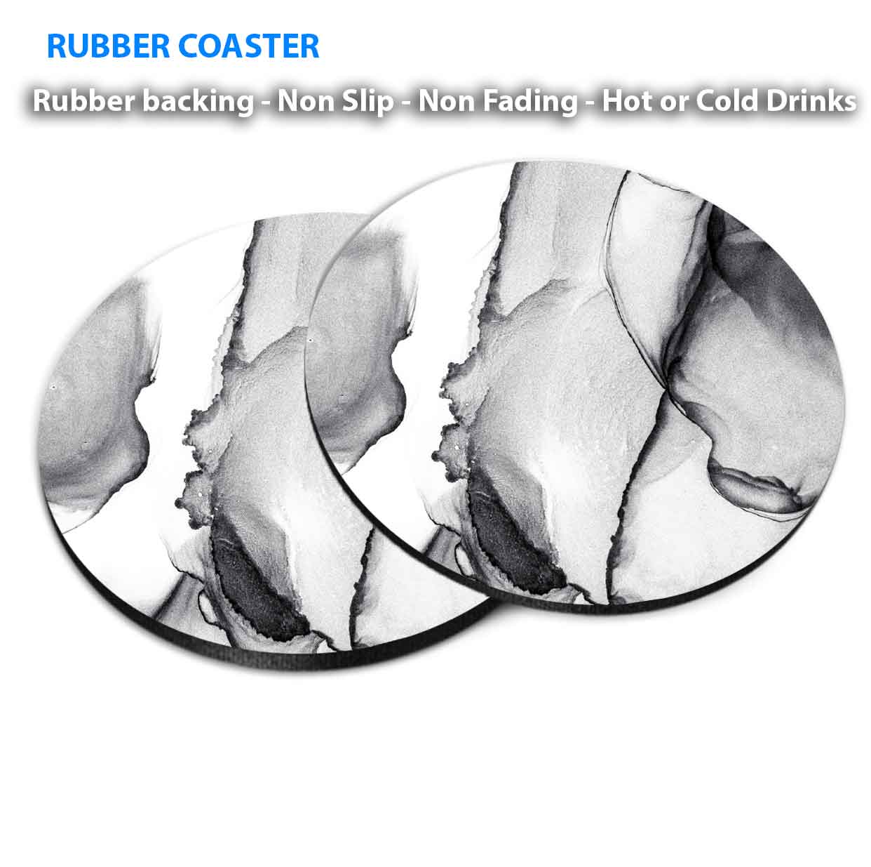 Grey Black Abstract Watercolor Coasters Wood & Rubber - Set of 6 Coasters