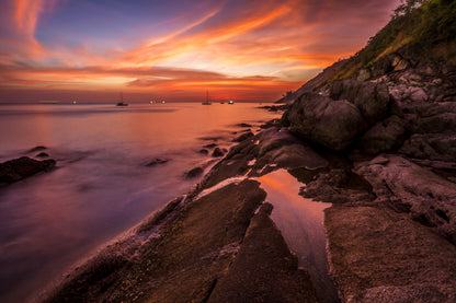 Tropical Rocky Beach Sunset View Photograph Home Decor Premium Quality Poster Print Choose Your Sizes