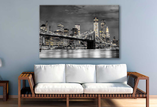 Bella Home B&W Night City View With Bridge Print Canvas Ready to hang