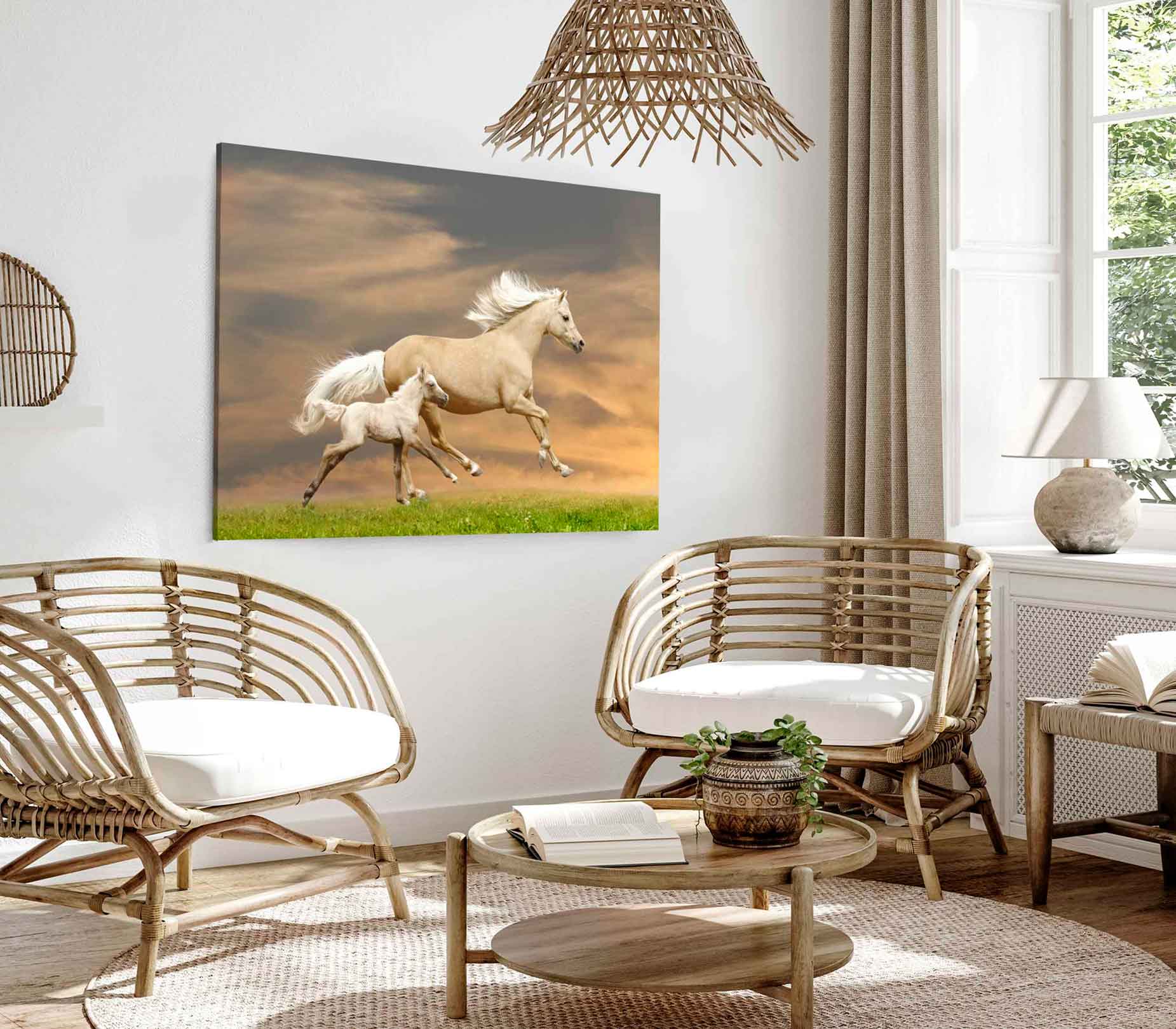 Bella Home Grass Field & Horses Sunset View Print Canvas Ready to hang
