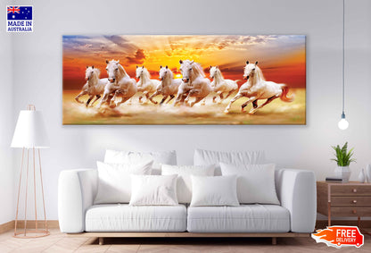 Panoramic Canvas Running Horses & Sunset Sky View High Quality 100% Australian Made Wall Canvas Print Ready to Hang