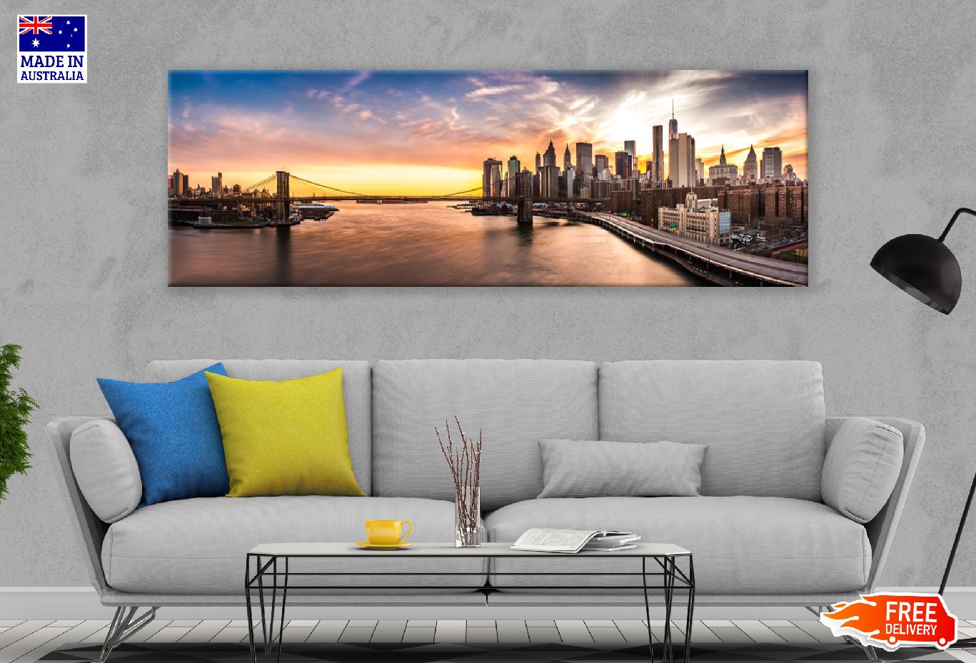 Panoramic Canvas Brooklyn Bridge at Sunset View High Quality 100% Australian Made Wall Canvas Print Ready to Hang