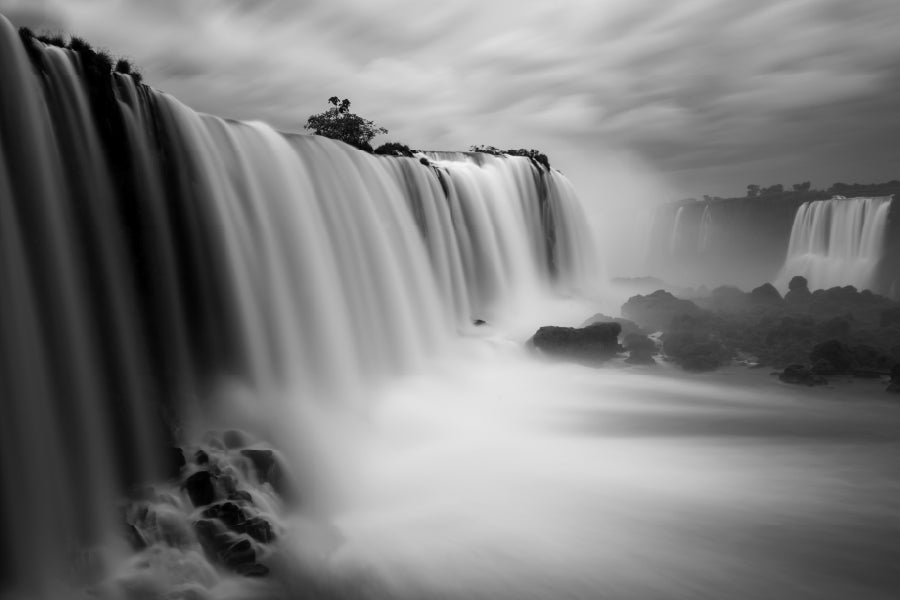 Waterfall under Cloudy Sky B&W Photograph Print 100% Australian Made