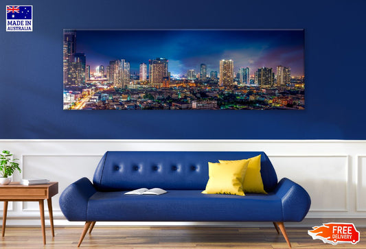 Panoramic Canvas Bangkok Cityscape Night Photograph High Quality 100% Australian Made Wall Canvas Print Ready to Hang