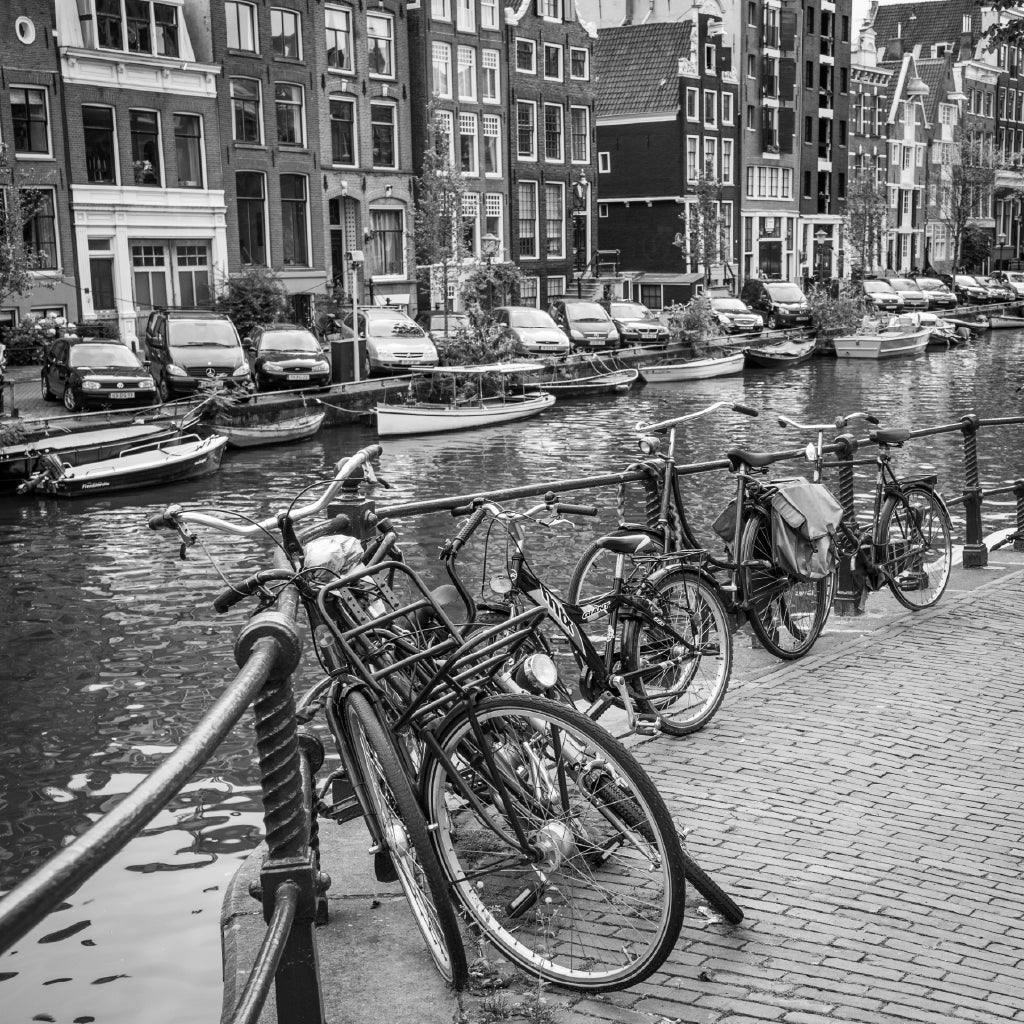 Square Canvas Bicycles Canal B&W View Photograph Amsterdam High Quality Print 100% Australian Made