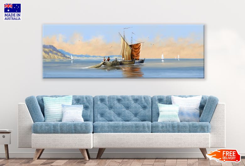 Panoramic Canvas Fishermen on Sea Watercolor Painting High Quality 100% Australian Made Wall Canvas Print Ready to Hang