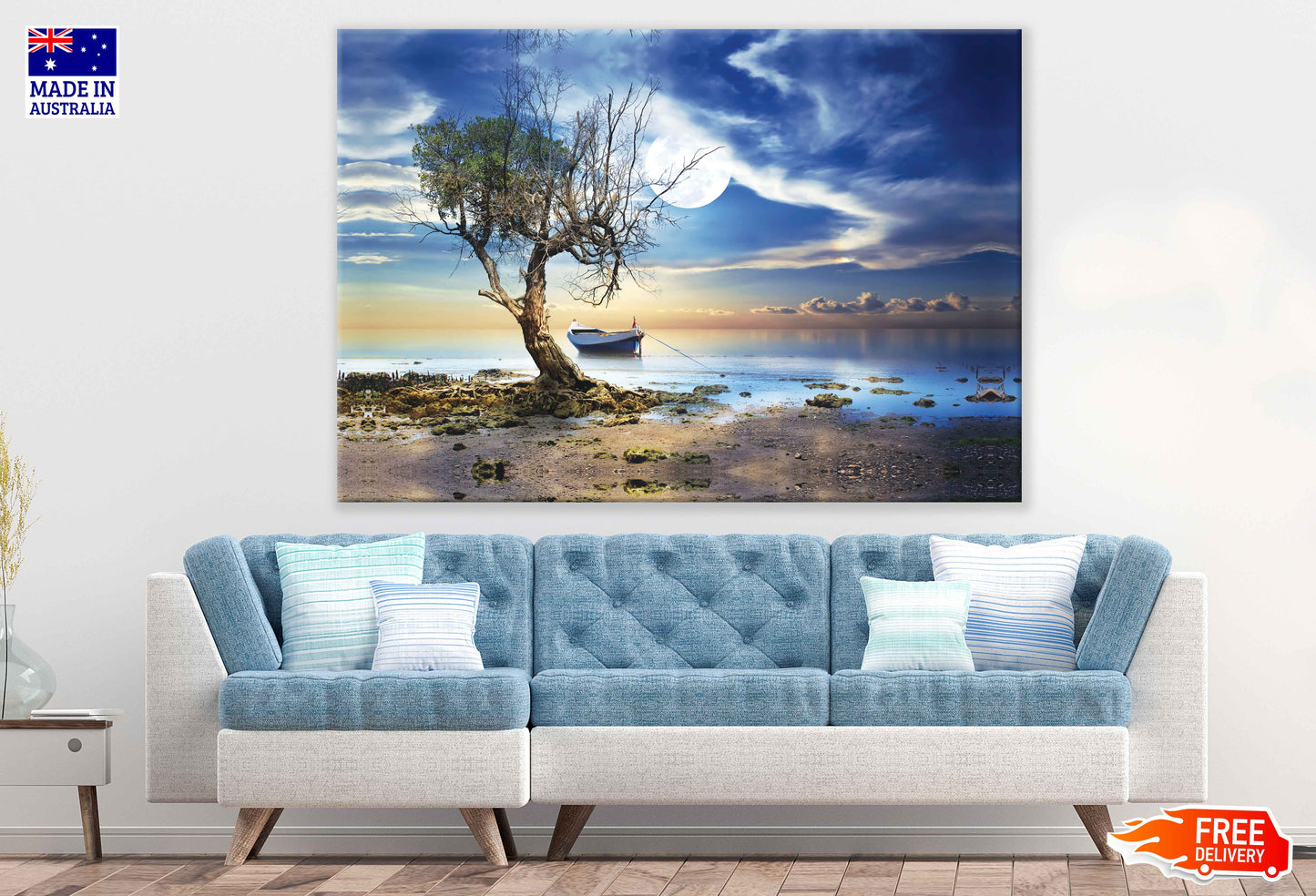 Dead Tree Near Seashore with Boat Photograph Print 100% Australian Made