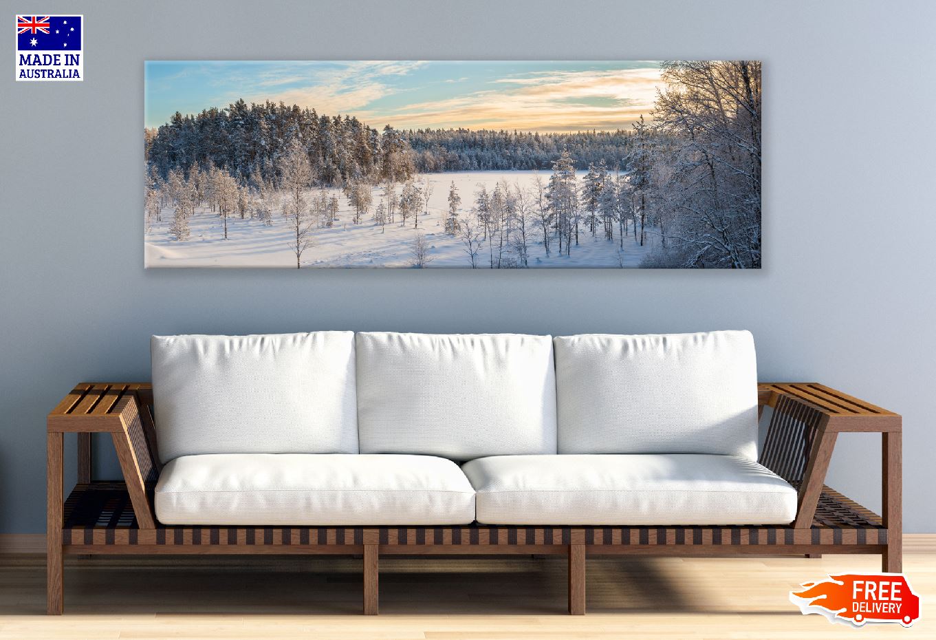 Panoramic Canvas Snowy Forest Trees Sunset View Photograph High Quality 100% Australian Made Wall Canvas Print Ready to Hang