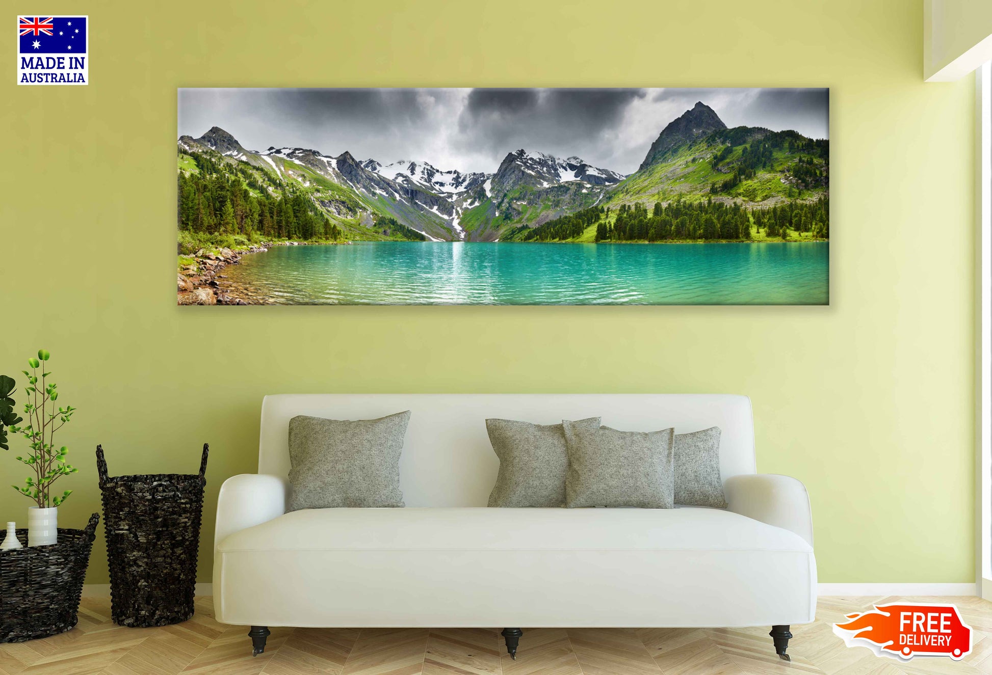 Panoramic Canvas Cloudy Mountain Lake Photograph High Quality 100% Australian Made Wall Canvas Print Ready to Hang