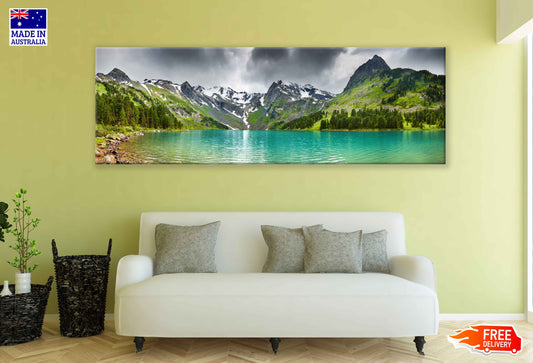 Panoramic Canvas Cloudy Mountain Lake Photograph High Quality 100% Australian Made Wall Canvas Print Ready to Hang