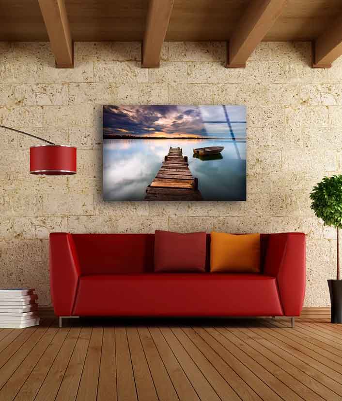 Boat & Wooden Pier on Lake Photograph Acrylic Glass Print Tempered Glass Wall Art 100% Made in Australia Ready to Hang