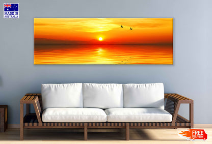 Panoramic Canvas Red Sunset Over Sea View Photograph High Quality 100% Australian Made Wall Canvas Print Ready to Hang