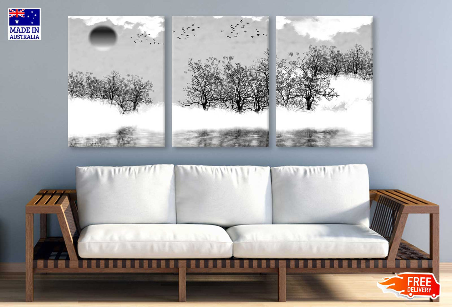 3 Set of Trees Near Lake Illustration High Quality Print 100% Australian Made Wall Canvas Ready to Hang