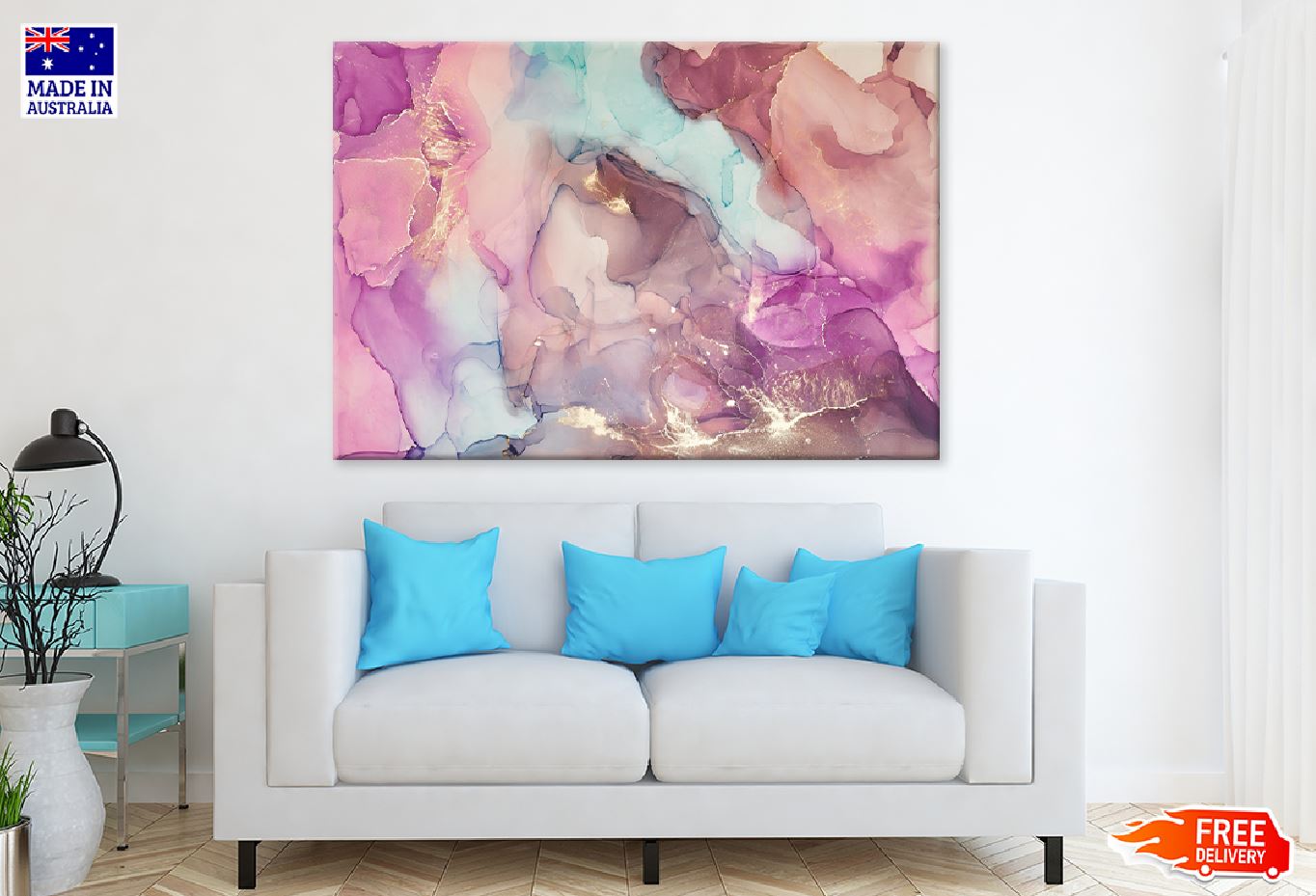 Pink Blue & Gold Fluid Abstract Design Print 100% Australian Made