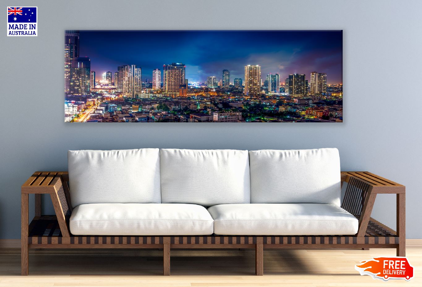 Panoramic Canvas Bangkok Cityscape Night Photograph High Quality 100% Australian Made Wall Canvas Print Ready to Hang
