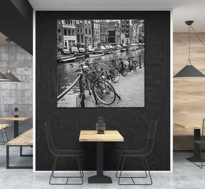 Square Canvas Bicycles Canal B&W View Photograph Amsterdam High Quality Print 100% Australian Made