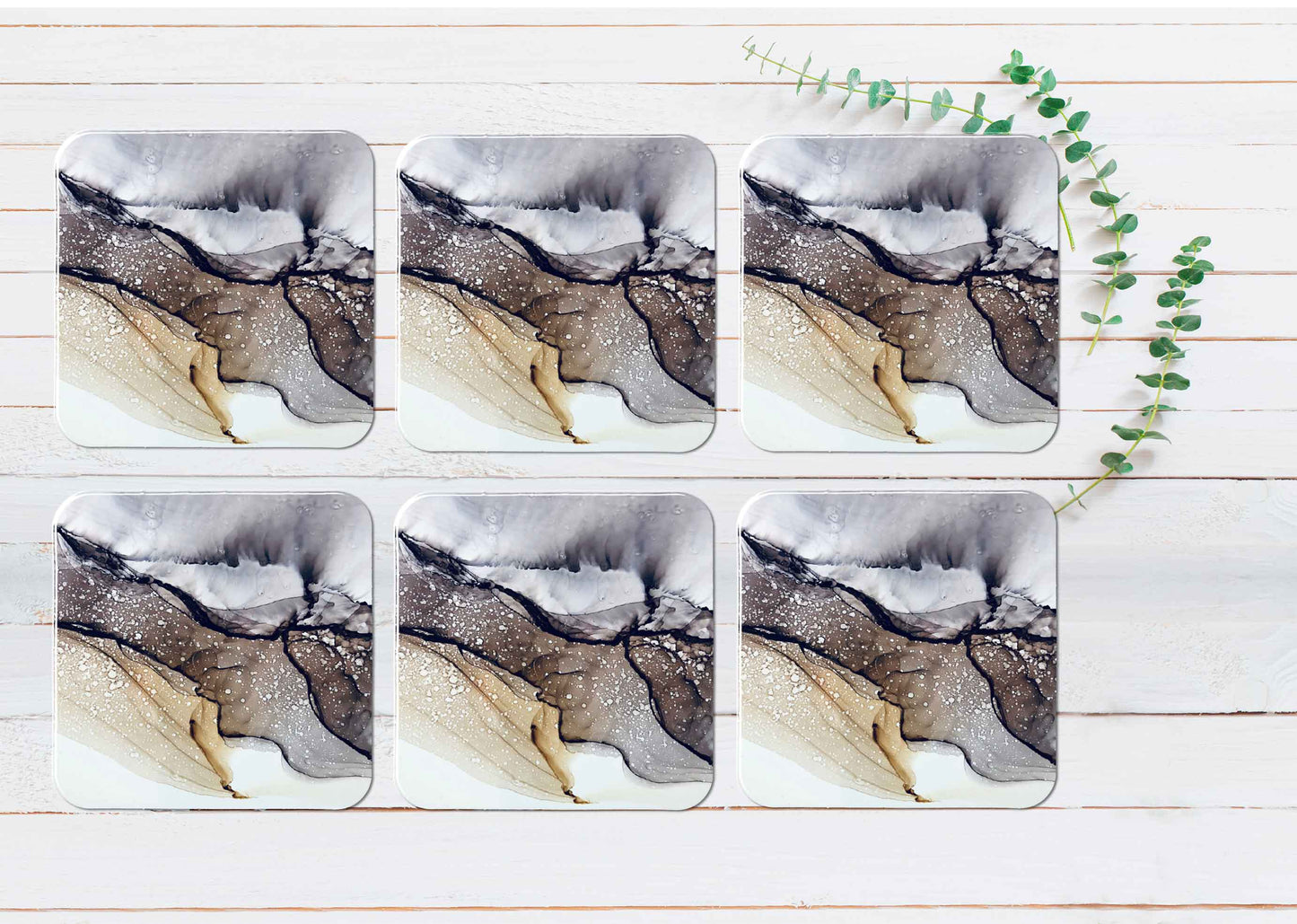 Brown Grey Liquid Abstract Design Coasters Wood & Rubber - Set of 6 Coasters