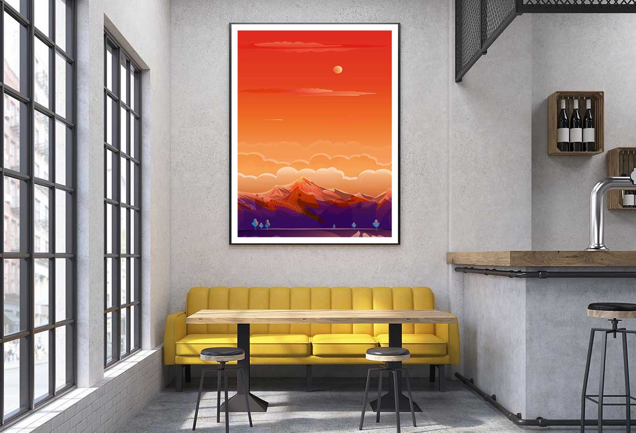 Sunset over Mountain Vector Art Home Decor Premium Quality Poster Print Choose Your Sizes