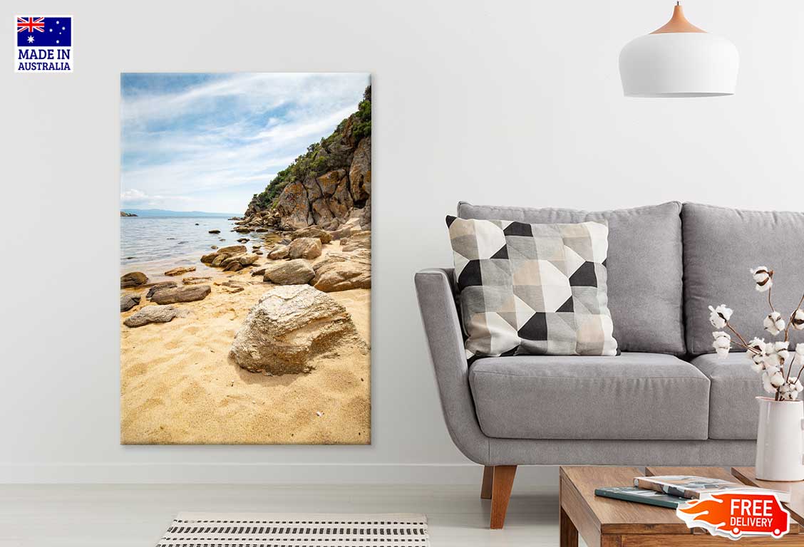 Rocks near Seashore Cloudy Sky View Scenery Print 100% Australian Made