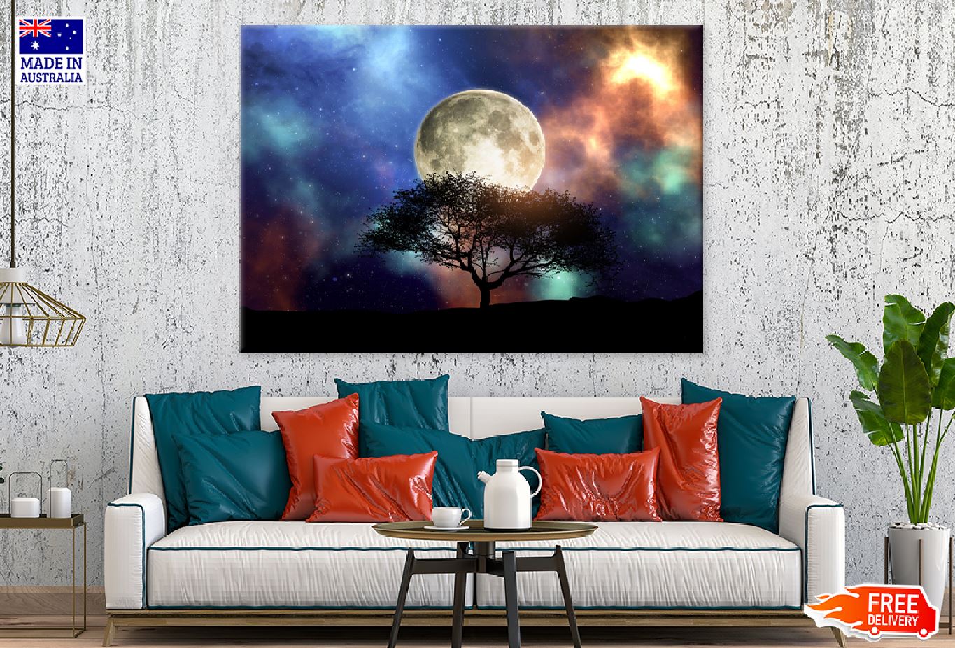 3D Silhouette Tree with Moon Digital Art Print 100% Australian Made