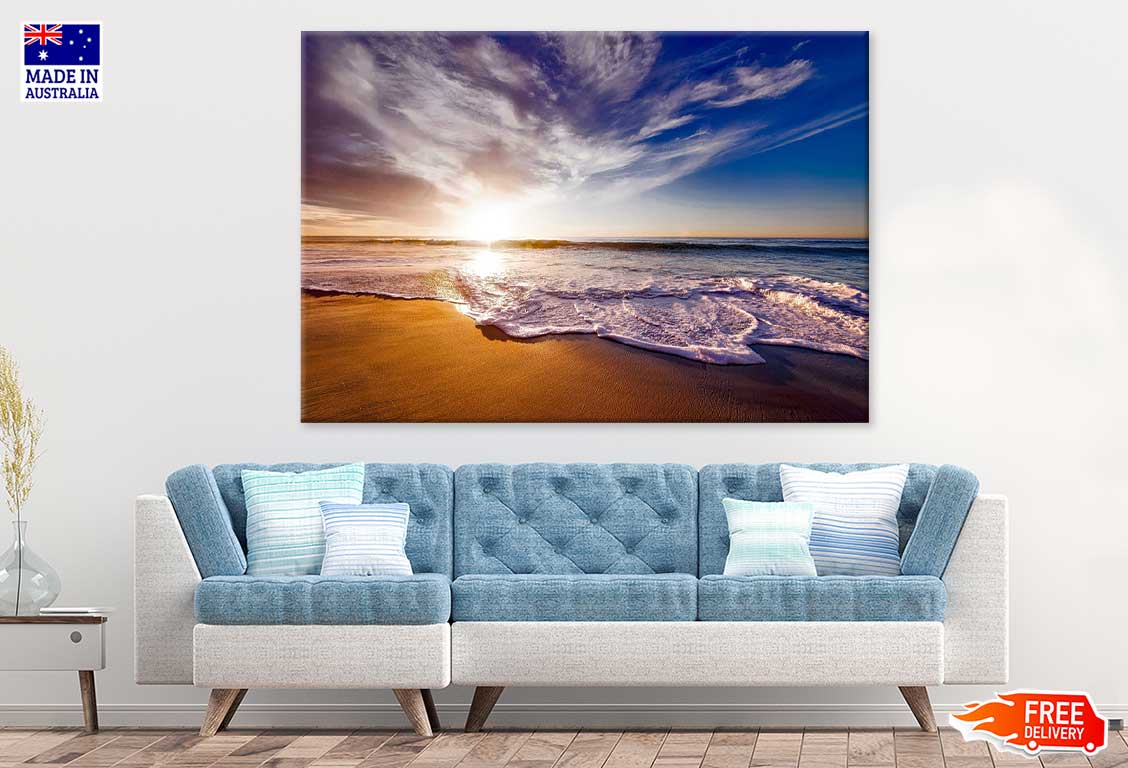 Sea Waves on Sand Sunset Blue Sky View Photograph Print 100% Australian Made