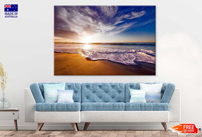 Sea Waves on Sand Sunset Blue Sky View Photograph Print 100% Australian Made