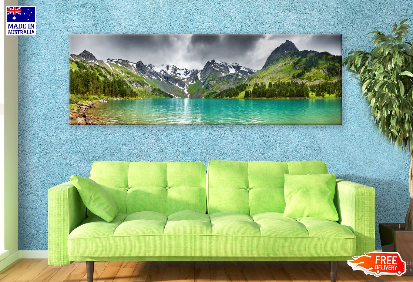 Panoramic Canvas Cloudy Mountain Lake Photograph High Quality 100% Australian Made Wall Canvas Print Ready to Hang