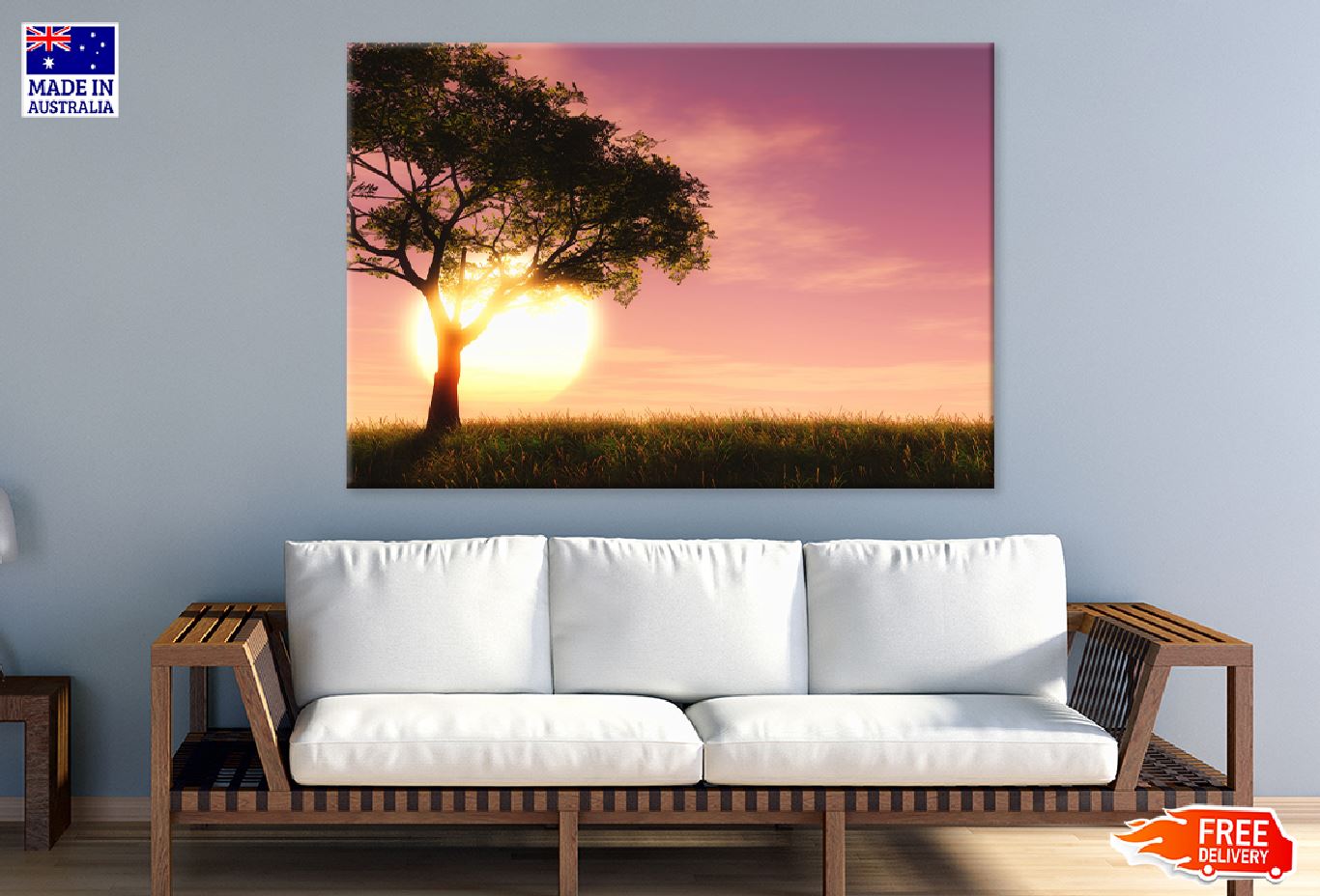 Tree on Grass Field Pink Sunset Photograph Print 100% Australian Made