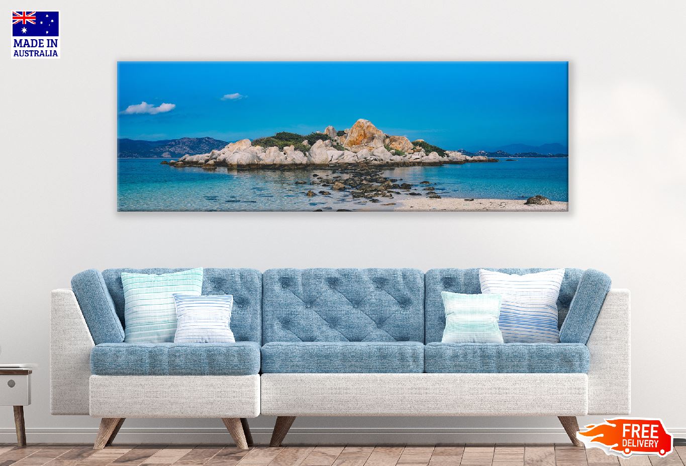 Panoramic Canvas Rocky Beach Island View Photograph High Quality 100% Australian Made Wall Canvas Print Ready to Hang