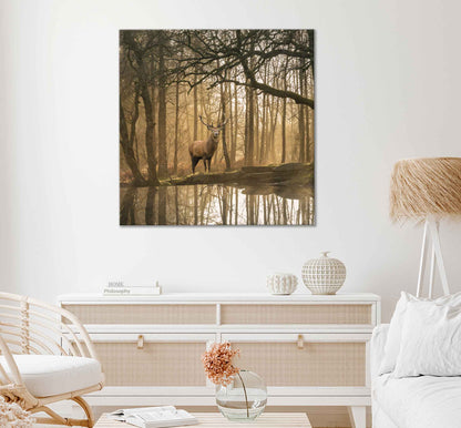 Square Canvas Deer in Misty Forest & Lake VIew Photograph High Quality Print 100% Australian Made